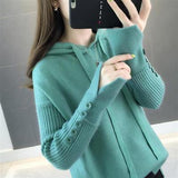 Winter Women Hooded Loose Solid Button Knitwear Pullover