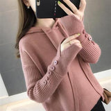 Winter Women Hooded Loose Solid Button Knitwear Pullover