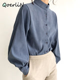 Big Lantern Sleeve Blouse Women Single Breasted Stand Collar Shirt