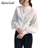 Big Lantern Sleeve Blouse Women Single Breasted Stand Collar Shirt