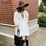 OOTN Deey V Neck Sexy Black Puff Sleeve A Line Dress
