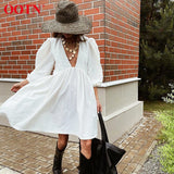 OOTN Deey V Neck Sexy Black Puff Sleeve A Line Dress