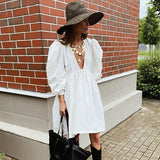 OOTN Deey V Neck Sexy Black Puff Sleeve A Line Dress