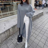 BGTEEVER Turtleneck Split Long Women Sweater Fall Winter Elegant Loose Knitted Pullovers