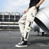 Men's Side Pockets Cargo Harem Pants Ribbons Black Hip Hop