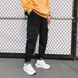 Men's Side Pockets Cargo Harem Pants Ribbons Black Hip Hop