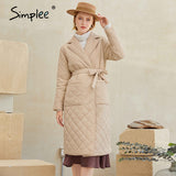 Simplee Fashion female winter windproof jacket sashes parka Long straight coat