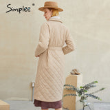 Simplee Fashion female winter windproof jacket sashes parka Long straight coat