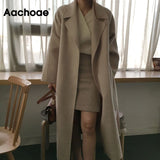 Aachoae Women Elegant Long Wool Coat With Belt Long Sleeve Overcoat