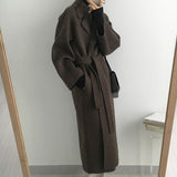 Aachoae Women Elegant Long Wool Coat With Belt Long Sleeve Overcoat
