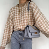 Geometric Khaki Knitted Sweater Casual Houndstooth Pullover