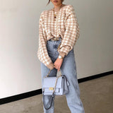 Geometric Khaki Knitted Sweater Casual Houndstooth Pullover