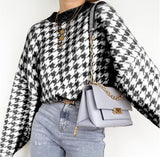 Geometric Khaki Knitted Sweater Casual Houndstooth Pullover