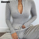 Shestyle Solid Zipper Bodycon Bodysuits Sexy Mock Neck