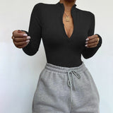 Shestyle Solid Zipper Bodycon Bodysuits Sexy Mock Neck
