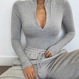 Shestyle Solid Zipper Bodycon Bodysuits Sexy Mock Neck