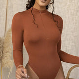 Shestyle Solid Zipper Bodycon Bodysuits Sexy Mock Neck