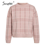 Simplee Women geometric khaki knitted sweater casual