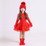 Winter Knitted Chiffon Girl Christmas Party Long Sleeve Kids Dress