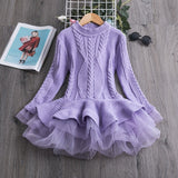 Winter Knitted Chiffon Girl Christmas Party Long Sleeve Kids Dress