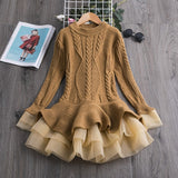 Winter Knitted Chiffon Girl Christmas Party Long Sleeve Kids Dress