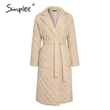 Simplee Fashion female winter windproof jacket sashes parka Long straight coat