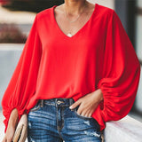 Chiffon Lantern Sleeve Elegant Blouse V Neck Solid Loose