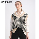 KPYTOMOA Women Oversized Houndstooth Sleeveless Vest Sweater Waistcoat Chic Tops