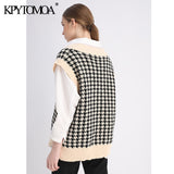KPYTOMOA Women Oversized Houndstooth Sleeveless Vest Sweater Waistcoat Chic Tops