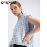 KPYTOMOA Women Oversized Houndstooth Sleeveless Vest Sweater Waistcoat Chic Tops