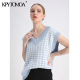 KPYTOMOA Women Oversized Houndstooth Sleeveless Vest Sweater Waistcoat Chic Tops