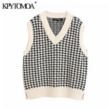 KPYTOMOA Women Oversized Houndstooth Sleeveless Vest Sweater Waistcoat Chic Tops