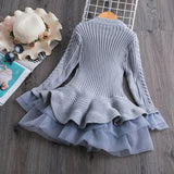 Winter Knitted Chiffon Girl Christmas Party Long Sleeve Kids Dress