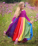 Winter Rainbow Long Sleeve Cotton Color Block Party Dress
