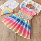 Winter Rainbow Long Sleeve Cotton Color Block Party Dress