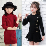 Winter Cotton knitting Dress Teenager Girls Long Sleeve Autumn Fall Clothes Elegant Pleated Dress