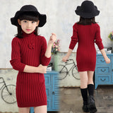 Winter Cotton knitting Dress Teenager Girls Long Sleeve Autumn Fall Clothes Elegant Pleated Dress
