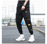 Men's Side Pockets Cargo Harem Pants Ribbons Black Hip Hop