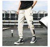 Men's Side Pockets Cargo Harem Pants Ribbons Black Hip Hop
