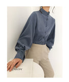Big Lantern Sleeve Blouse Women Single Breasted Stand Collar Shirt