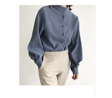 Big Lantern Sleeve Blouse Women Single Breasted Stand Collar Shirt