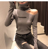 Knitted Sweater Off Shoulder Pullovers Long Sleeve Turtleneck
