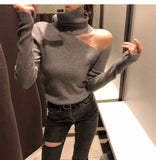 Knitted Sweater Off Shoulder Pullovers Long Sleeve Turtleneck