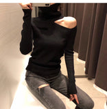 Knitted Sweater Off Shoulder Pullovers Long Sleeve Turtleneck