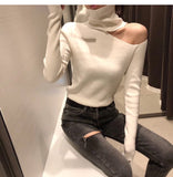 Knitted Sweater Off Shoulder Pullovers Long Sleeve Turtleneck