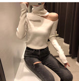 Knitted Sweater Off Shoulder Pullovers Long Sleeve Turtleneck