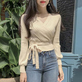 HELIAR Women V-Neck Bandage Waist Sweaters Long Sleeve Pullovers