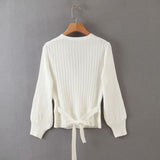 HELIAR Women V-Neck Bandage Waist Sweaters Long Sleeve Pullovers