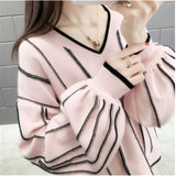Autumn Winter New Knitted Sweater Women Loose wild V Neck Striped Pullover