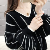 Autumn Winter New Knitted Sweater Women Loose wild V Neck Striped Pullover